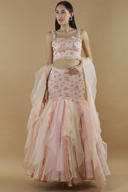 Divya Kanakia Peach Organza, Net Sweetheart Neck Embellished Ruffle Lehenga Set Online at Aza Fashions Divya Kanakia_Peach Organza, Net Sweetheart Neck Embellished Ruffle Lehenga Set _Online_at_Aza_Fashions