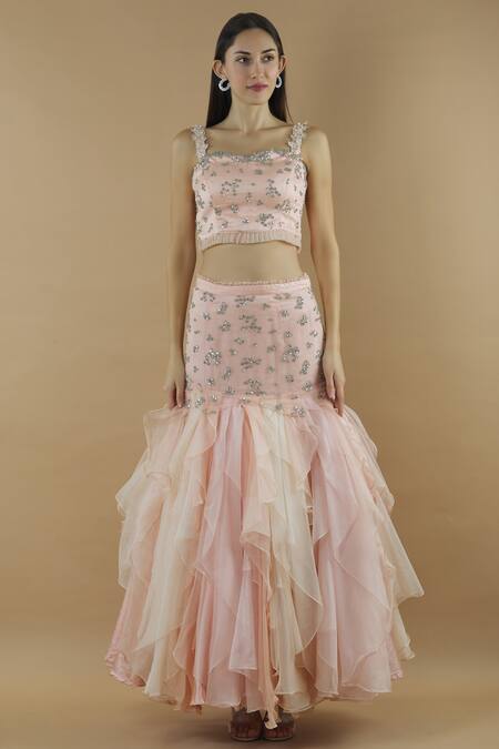 Buy Divya Kanakia Peach Organza, Net Sweetheart Neck Embellished Ruffle Lehenga Set Online at Aza Fashions Buy_Divya Kanakia_Peach Organza, Net Sweetheart Neck Embellished Ruffle Lehenga Set _Online_at_Aza_Fashions