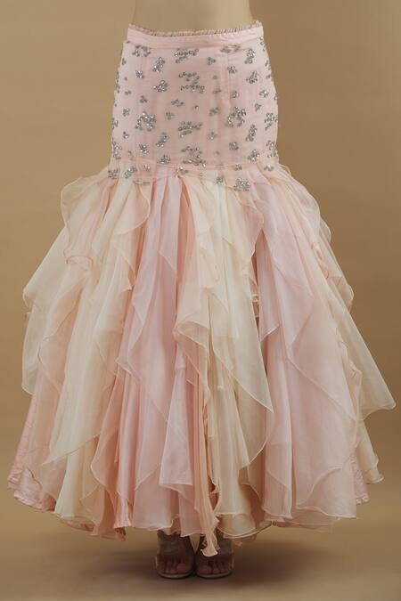 Shop Divya Kanakia Peach Organza, Net Sweetheart Neck Embellished Ruffle Lehenga Set Online at Aza Fashions Shop_Divya Kanakia_Peach Organza, Net Sweetheart Neck Embellished Ruffle Lehenga Set _Online_at_Aza_Fashions