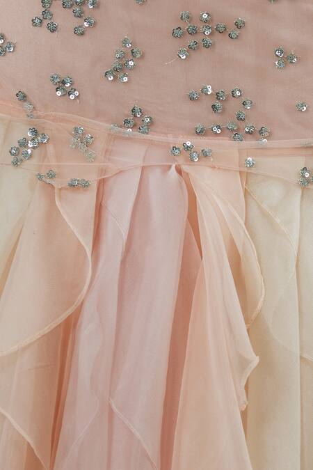Divya Kanakia Peach Organza, Net Sweetheart Neck Embellished Ruffle Lehenga Set at Aza Fashions Divya Kanakia_Peach Organza, Net Sweetheart Neck Embellished Ruffle Lehenga Set _at_Aza_Fashions