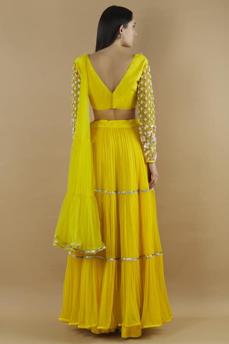 Shop Divya Kanakia Yellow Net, Chiffon V Neck Embellished Flared Lehenga Set at Aza Fashions Shop_Divya Kanakia_Yellow Net, Chiffon V Neck Embellished Flared Lehenga Set _at_Aza_Fashions