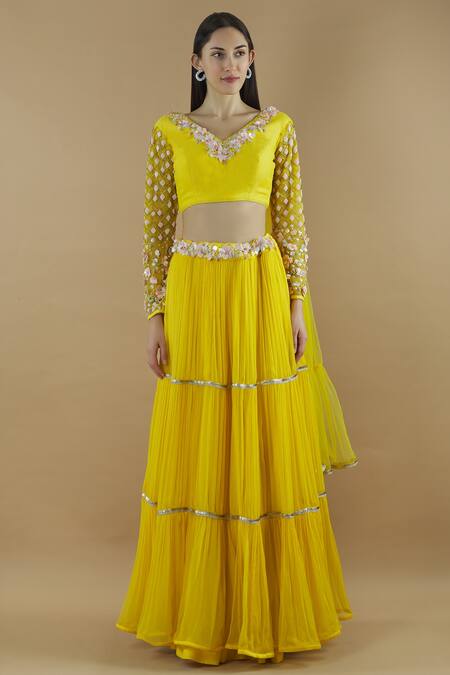 Buy Divya Kanakia Yellow Net, Chiffon V Neck Embellished Flared Lehenga Set Online at Aza Fashions Buy_Divya Kanakia_Yellow Net, Chiffon V Neck Embellished Flared Lehenga Set _Online_at_Aza_Fashions