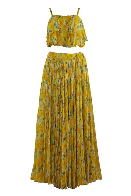 Buy_Divya Kanakia_Yellow Chiffon Square Neck Printed Skirt Set _Online_at_Aza_Fashions
