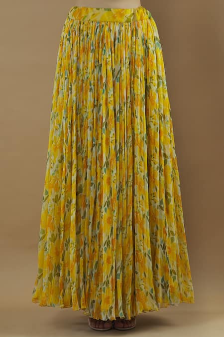 Shop_Divya Kanakia_Yellow Chiffon Square Neck Printed Skirt Set _Online_at_Aza_Fashions