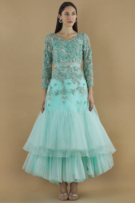 Buy Divya Kanakia Green Organza, Net 3d Cutdana V Embellished Layered Gown With Dupatta Online at Aza Fashions Buy_Divya Kanakia_Green Organza, Net 3d Cutdana V Embellished Layered Gown With Dupatta_Online_at_Aza_Fashions