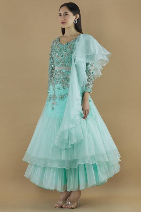 Shop Divya Kanakia Green Organza, Net 3d Cutdana V Embellished Layered Gown With Dupatta Online at Aza Fashions Shop_Divya Kanakia_Green Organza, Net 3d Cutdana V Embellished Layered Gown With Dupatta_Online_at_Aza_Fashions