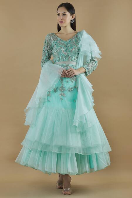 Divya Kanakia Green Organza, Net 3d Cutdana V Embellished Layered Gown With Dupatta Online at Aza Fashions Divya Kanakia_Green Organza, Net 3d Cutdana V Embellished Layered Gown With Dupatta_Online_at_Aza_Fashions