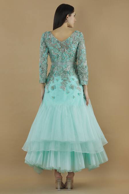 Shop Divya Kanakia Green Organza, Net 3d Cutdana V Embellished Layered Gown With Dupatta at Aza Fashions Shop_Divya Kanakia_Green Organza, Net 3d Cutdana V Embellished Layered Gown With Dupatta_at_Aza_Fashions