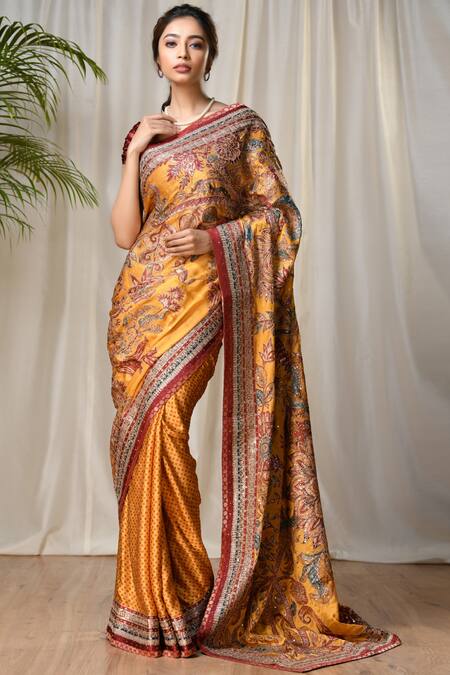 RI.Ritu Kumar_Yellow Silk Satin Saree With Unstitched Blouse _Online_at_Aza_Fashions
