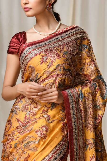 Buy_RI.Ritu Kumar_Yellow Silk Satin Saree With Unstitched Blouse _Online_at_Aza_Fashions