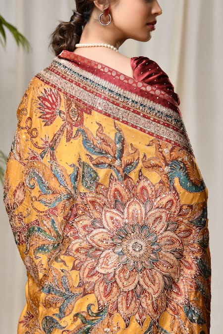 Shop_RI.Ritu Kumar_Yellow Silk Satin Saree With Unstitched Blouse _Online_at_Aza_Fashions