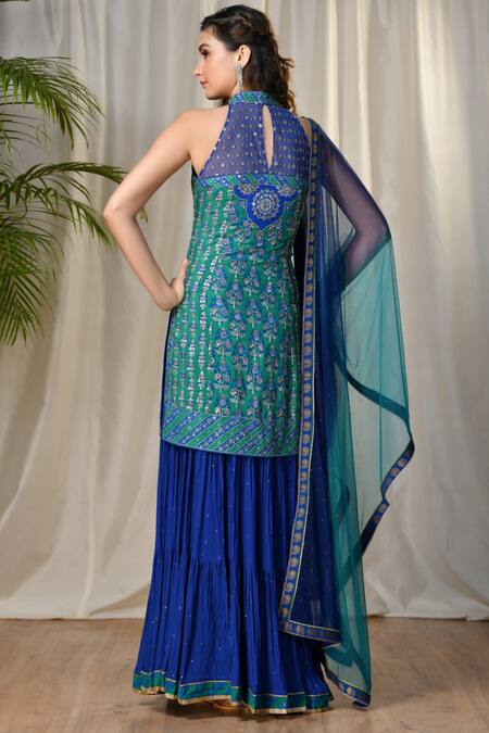 Shop RI.Ritu Kumar Blue Silk Chinon Band Embroidered Kurta Lehenga Set at Aza Fashions Shop_RI.Ritu Kumar_Blue Silk Chinon Band Embroidered Kurta Lehenga Set_at_Aza_Fashions