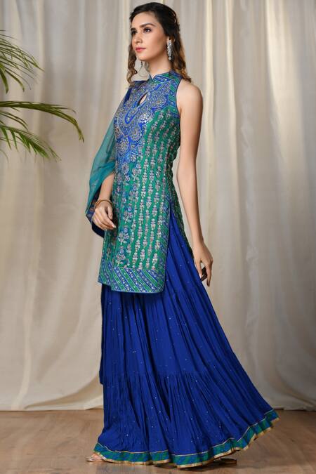 RI.Ritu Kumar Blue Silk Chinon Band Embroidered Kurta Lehenga Set Online at Aza Fashions RI.Ritu Kumar_Blue Silk Chinon Band Embroidered Kurta Lehenga Set_Online_at_Aza_Fashions
