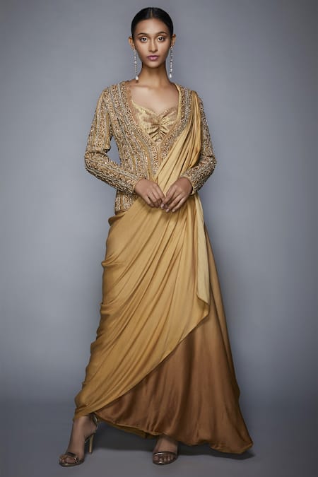 RI.Ritu Kumar Gold Silk Tissue Sweetheart Neck Pre-draped Embroidered Saree Set 