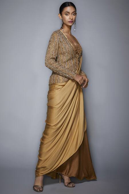 RI.Ritu Kumar_Gold Silk Tissue Sweetheart Neck Pre-draped Embroidered Saree Set_Online_at_Aza_Fashions