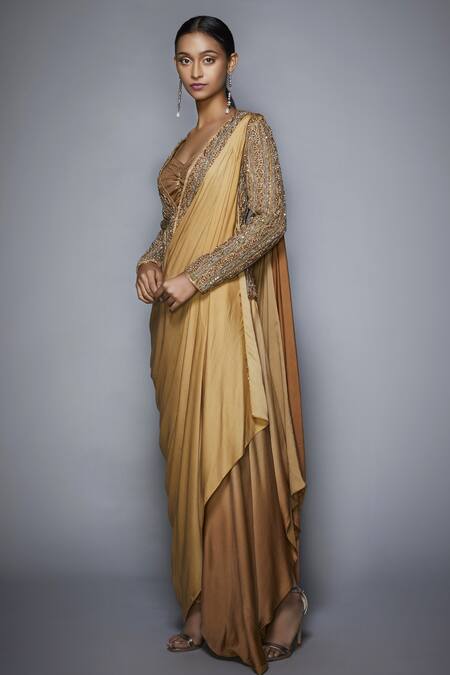 Buy_RI.Ritu Kumar_Gold Silk Tissue Sweetheart Neck Pre-draped Embroidered Saree Set_Online_at_Aza_Fashions