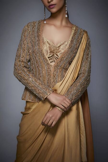 Shop_RI.Ritu Kumar_Gold Silk Tissue Sweetheart Neck Pre-draped Embroidered Saree Set_Online_at_Aza_Fashions