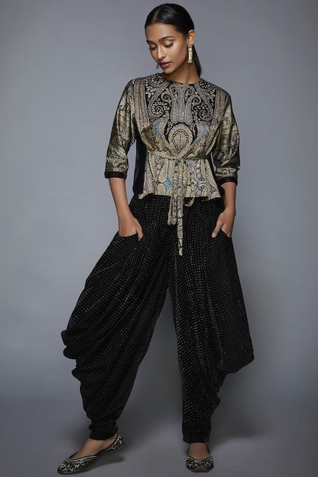 RI.Ritu Kumar_Black Silk Satin Round Printed Top Dhoti Pant Set_Online_at_Aza_Fashions