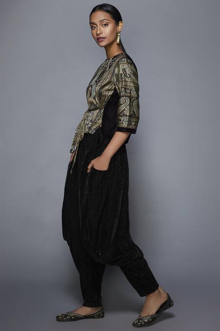 Buy_RI.Ritu Kumar_Black Silk Satin Round Printed Top Dhoti Pant Set_Online_at_Aza_Fashions