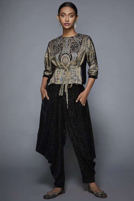 Shop_RI.Ritu Kumar_Black Silk Satin Round Printed Top Dhoti Pant Set_Online_at_Aza_Fashions