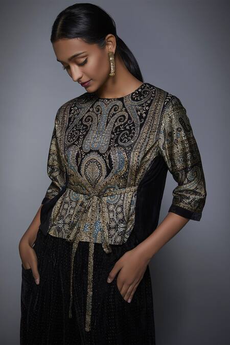 RI.Ritu Kumar_Black Silk Satin Round Printed Top Dhoti Pant Set_at_Aza_Fashions