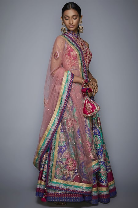 RI.Ritu Kumar_Multi Color Poly Dupion High Neck Embroidered Bridal Lehenga Set _Online_at_Aza_Fashions