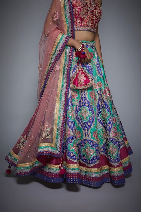 Shop_RI.Ritu Kumar_Multi Color Poly Dupion High Neck Embroidered Bridal Lehenga Set _Online_at_Aza_Fashions