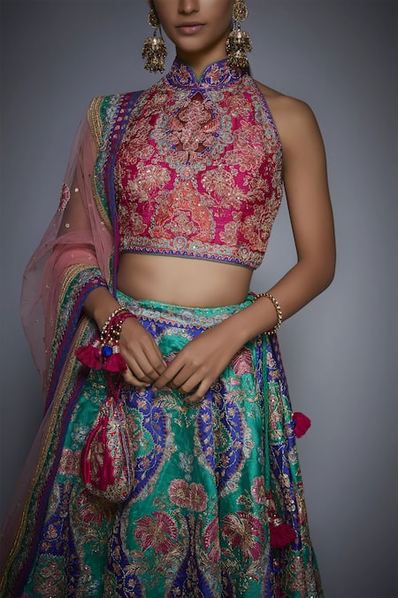RI.Ritu Kumar_Multi Color Poly Dupion High Neck Embroidered Bridal Lehenga Set _at_Aza_Fashions