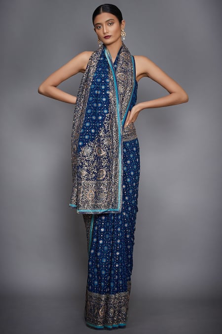 RI.Ritu Kumar_Blue Silk Chinon Embroidered Saree _Online_at_Aza_Fashions