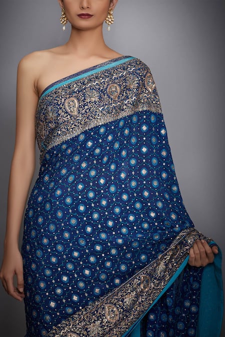 Buy_RI.Ritu Kumar_Blue Silk Chinon Embroidered Saree _Online_at_Aza_Fashions