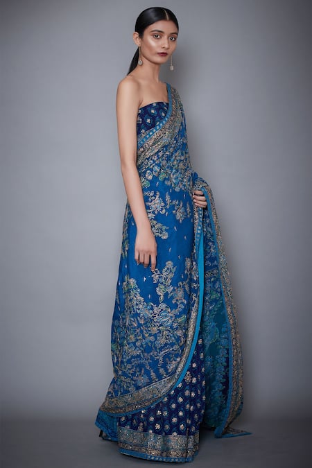 RI.Ritu Kumar_Blue Silk Chinon Embroidered Saree With Unstitched Blouse _Online_at_Aza_Fashions