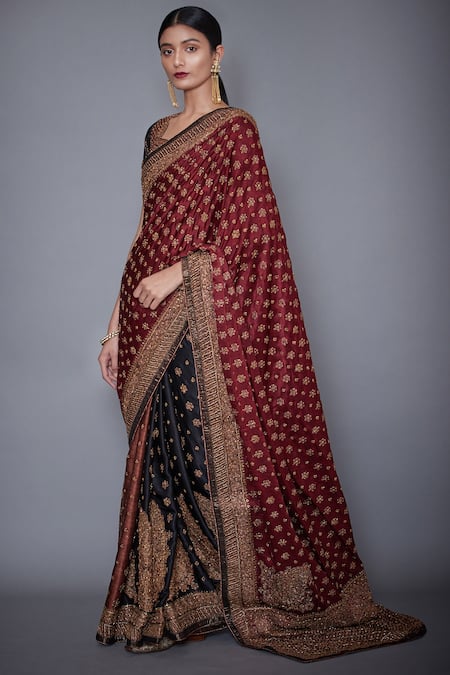 Buy_RI.Ritu Kumar_Maroon Silk Satin Sweetheart Neck Embroidered Saree _Online_at_Aza_Fashions