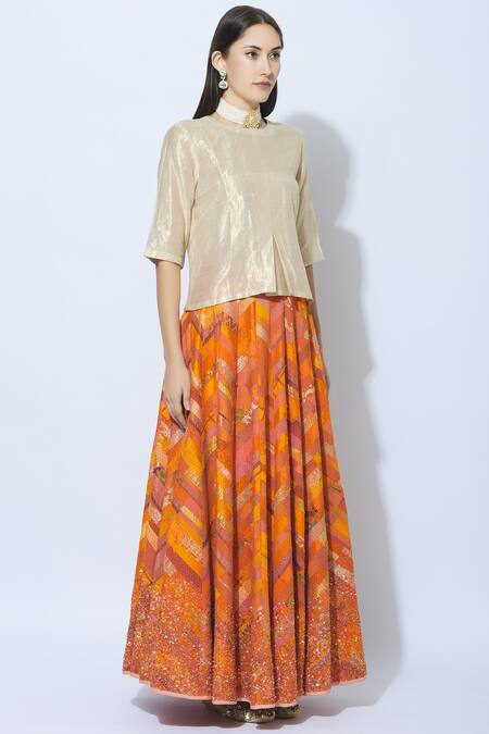 Priyanka Raajiv Orange Silk Round Blouse And Lehenga Set Online at Aza Fashions Priyanka Raajiv_Orange Silk Round Blouse And Lehenga Set _Online_at_Aza_Fashions