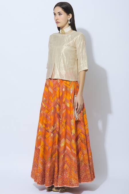 Buy Priyanka Raajiv Orange Silk Round Blouse And Lehenga Set Online at Aza Fashions Buy_Priyanka Raajiv_Orange Silk Round Blouse And Lehenga Set _Online_at_Aza_Fashions