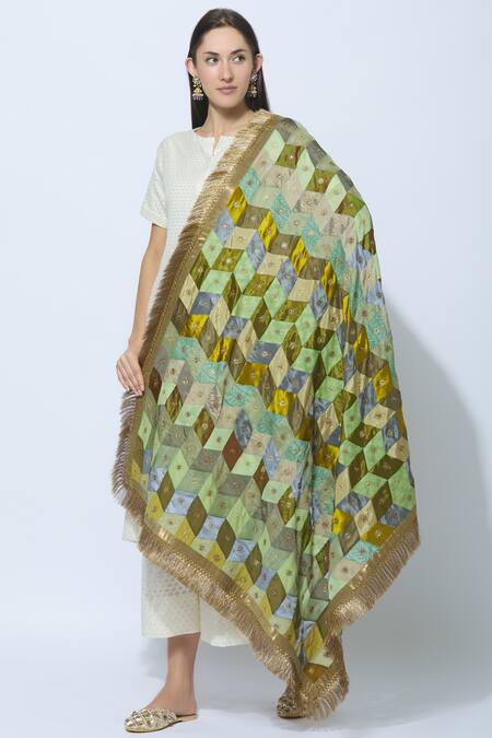 Shop_Priyanka Raajiv_Green Silk Brocade Dupatta _at_Aza_Fashions