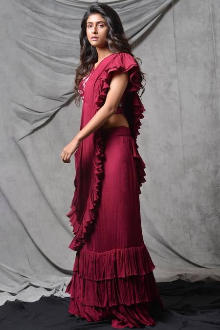 Eclat By Prerika Jalan_Pink Organza, Chiffon, Satin, Silk Chanderi V Neck Pre-draped Ruffle Saree_Online_at_Aza_Fashions