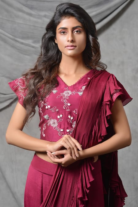 Shop_Eclat By Prerika Jalan_Pink Organza, Chiffon, Satin, Silk Chanderi V Neck Pre-draped Ruffle Saree_Online_at_Aza_Fashions