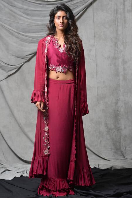 Eclat By Prerika Jalan_Pink Satin Organza, Crepe, Silk Chanderi V Neck Jacket Skirt Set _Online_at_Aza_Fashions