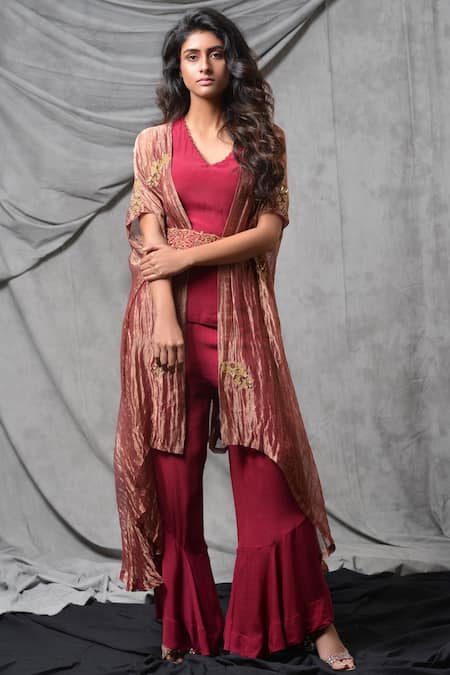 Shop Eclat By Prerika Jalan Red Crepe V Neck Embroidered Cape Pant Set at Aza Fashions Shop_Eclat By Prerika Jalan_Red Crepe V Neck Embroidered Cape Pant Set _at_Aza_Fashions