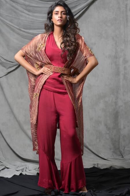 Eclat By Prerika Jalan Red Crepe V Neck Embroidered Cape Pant Set Online at Aza Fashions Eclat By Prerika Jalan_Red Crepe V Neck Embroidered Cape Pant Set _Online_at_Aza_Fashions
