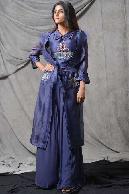 Eclat By Prerika Jalan_Blue Silk Chanderi Spread Collar Jacket Pant Set _Online_at_Aza_Fashions