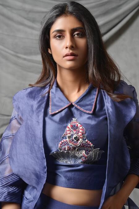 Eclat By Prerika Jalan_Blue Silk Chanderi Spread Collar Jacket Pant Set _at_Aza_Fashions