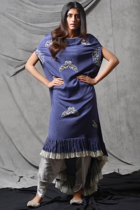 Eclat By Prerika Jalan_Purple Chiffon Round Embroidered Kurta Dhoti Pant Set _Online_at_Aza_Fashions