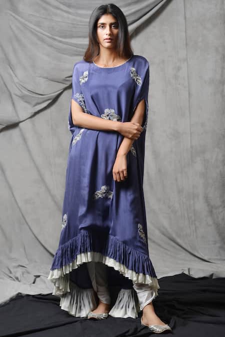 Buy_Eclat By Prerika Jalan_Purple Chiffon Round Embroidered Kurta Dhoti Pant Set _Online_at_Aza_Fashions
