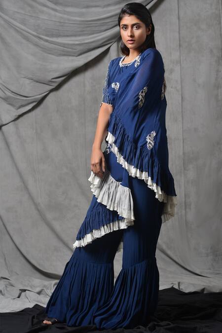 Eclat By Prerika Jalan_Blue Crepe Round Embroidered Cape Pant Set _Online_at_Aza_Fashions