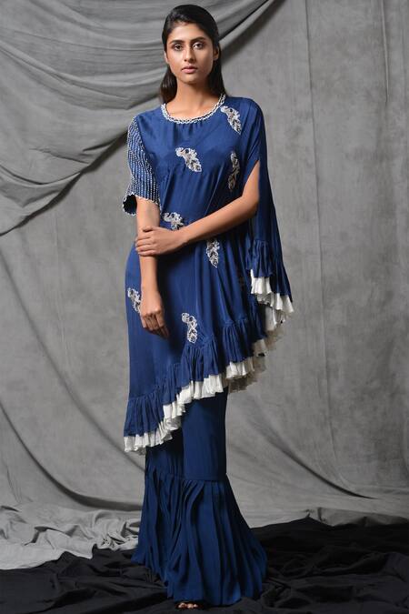 Buy_Eclat By Prerika Jalan_Blue Crepe Round Embroidered Cape Pant Set _Online_at_Aza_Fashions