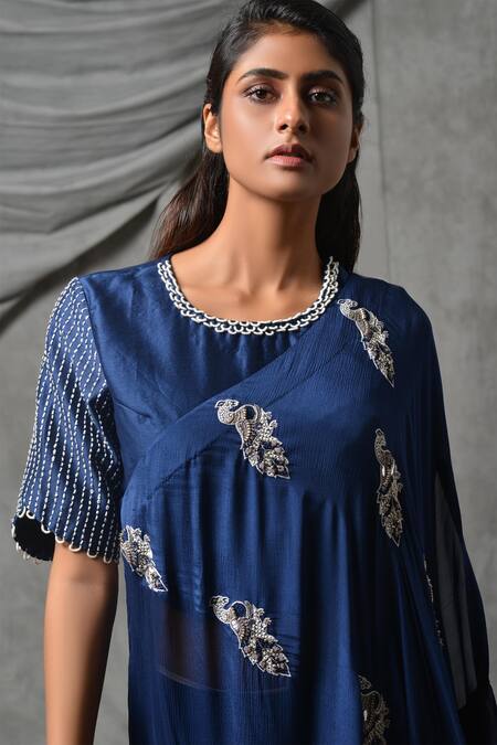 Shop_Eclat By Prerika Jalan_Blue Crepe Round Embroidered Cape Pant Set _Online_at_Aza_Fashions