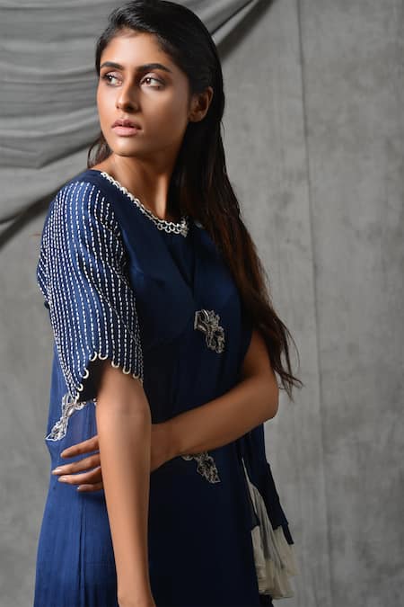 Eclat By Prerika Jalan_Blue Crepe Round Embroidered Cape Pant Set _at_Aza_Fashions