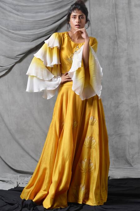 Shop Eclat By Prerika Jalan Yellow Crepe Round Embroidered Crop Top With Palazzo at Aza Fashions Shop_Eclat By Prerika Jalan_Yellow Crepe Round Embroidered Crop Top With Palazzo _at_Aza_Fashions