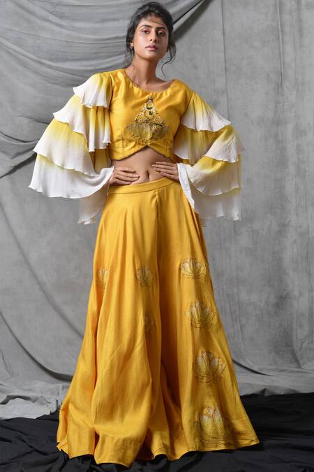 Eclat By Prerika Jalan Yellow Crepe Round Embroidered Crop Top With Palazzo Online at Aza Fashions Eclat By Prerika Jalan_Yellow Crepe Round Embroidered Crop Top With Palazzo _Online_at_Aza_Fashions